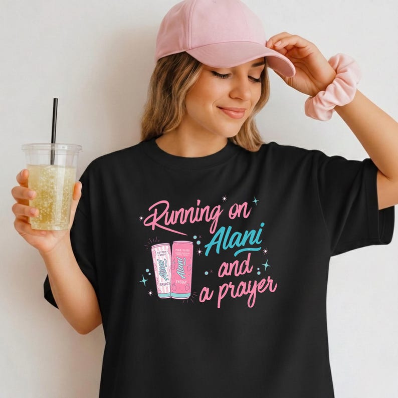 Running on Alani and a Prayer Unisex T-Shirt | Funny Christian Sweatshirt | Just a Girl Graphic Shirt| Cozy Neutral Energy Drink Shirt image 1