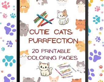 Printable Cat Coloring Book | 20 Cute Kitten Coloring Pages for Kids & Adults, Cozy Relaxing Activity, Cat Lover Gift, Instant Download