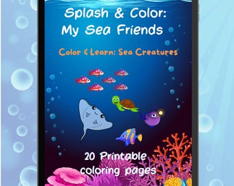 Printable Coloring Book for Kids - Splash & Color, 20 Sea Animal Pages, Educational Toddler Activity, Instant Digital Download