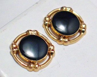 Women's Earrings, 14k Gold Black Stone Round Button Style Stud Earrings