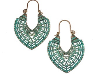 Hoop Earrings Women's Side Profile Chevron Design in Vintage Copper Verdigris Drop Earrings - Boho Jewelry - Ethnic Style - Bali Style