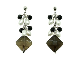 Dangle Earrings , Smoky Quartz Stone Sterling Silver Pearl Dangle Earrings