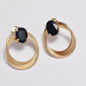 14k Gold Earrings Woman Wavy Hoop Design Black Spinel Gem Earrings