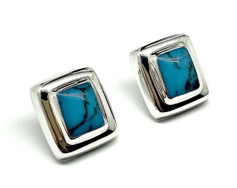 Sterling Silver Earrings Chunky Geometric Rectangle Turquoise Drop Style Earrings