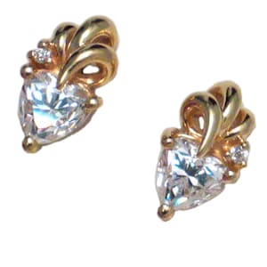 14k gold gem earrings | Ribbon Design Heart cut Cz Stone 14k Gold Stud Earrings