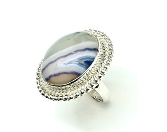 Stone Ring, Men's Women's Large Blue White Banded Agate Sterling Silver Ring
