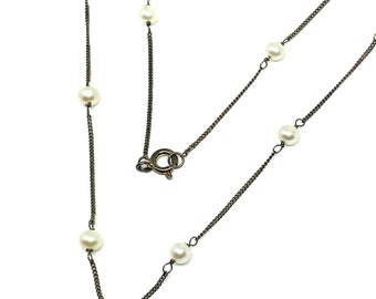 32 inch Necklace , Antiqued Oxidized Gold 925 Sterling Silver Station Style Pearl Necklace