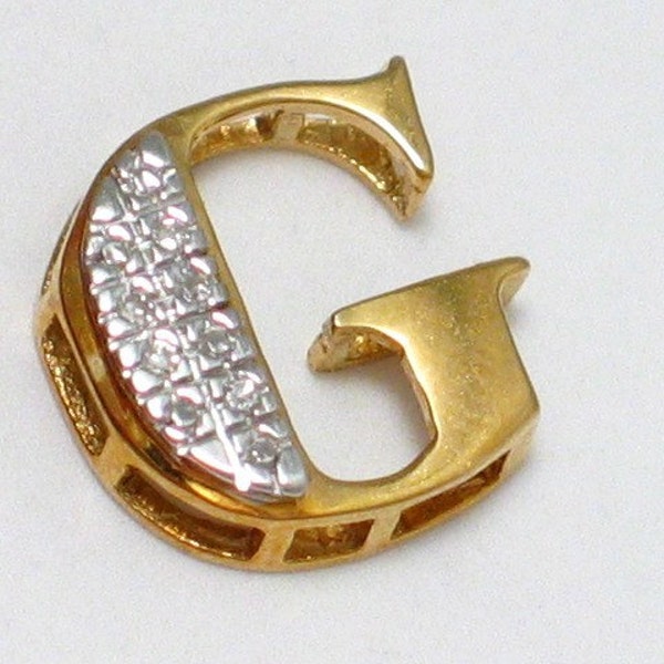 10k yellow gold letter G slide pendant / charm for necklace with white diamonds