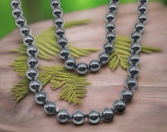 32" Metallic Black 8mm Round Magnetoplumbite Hematite Bead Necklace - Stone Necklace - Beaded Necklace - Chakra Necklace