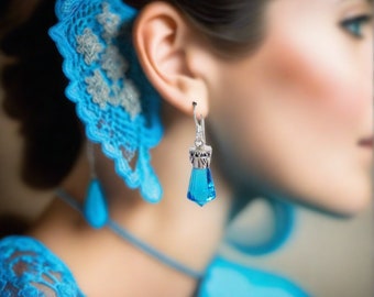 Women's Earrings, Blue Crystal Dangle Style Sterling Silver Earrings