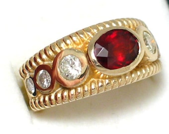 14k Gold Ring ,sz6 womens Etruscan Style Natural red Spessartite Garnet Wide Band Diamond Cocktail Style 14k Gold Ring