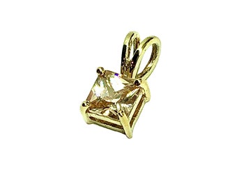 Gold Pendant Sparkly Princess cut Champagne Cz Stone 925 Sterling Silver Pendant