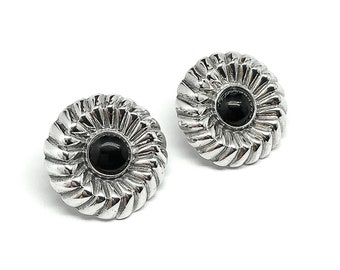 Stone Earrings, Womens Black Contoured Circle Design Short Drop Style Sterling Silver Earrings