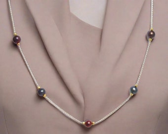 14k Gold Necklace station Style Micro bead ball chain red peacock Pearl Necklace