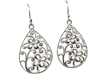 Dangle Earrings, Womens Scrolling Flower Filigree Design Teardrop Style Sterling Silver Dangle Earrings