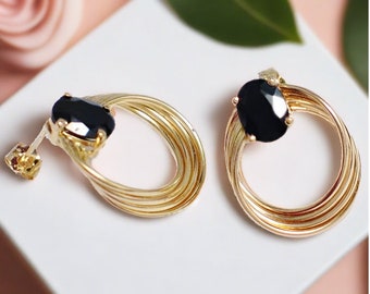 14k Gold Earrings, Womens Wavy Hoop Design Black Spinel Stone Drop Style 14k Gold Earrings