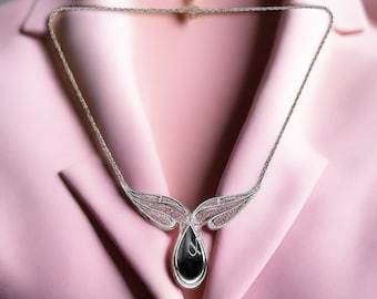 Silver Necklace, Womens Vintage 1980s Black Sterling Silver Winged Teardrop Station Pendant Necklace - Designer Kabana Jewelry
