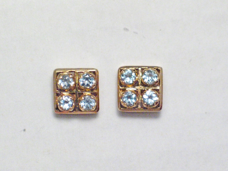 14k Gold earrings Sky blue topaz square cluster cocktail statement geometric style center located stud post womens naturalfine jewelry