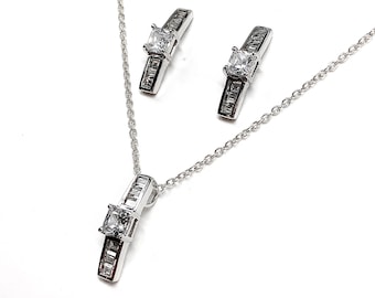 Silver Jewelry Set for Women - CZ Stone, Bar Design, 925 Sterling Silver, Matching Pendant Necklace + Earrings set