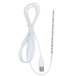 Peut inclure: Bande lumineuse LED blanche avec connecteur USB. La bande comprend plusieurs petites lumières et un interrupteur de commande. Les icônes indiquent 7 lumières RVB, une fonction de gradation et des options de longueur personnalisée. L'éclairage est alimenté par USB.