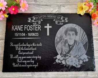 Personalised Engraved Memorial Slate Plaque With Photo, Grave Marker, Personalised Weatherproof Garden Sign, Picture Remembrance Grave Stone