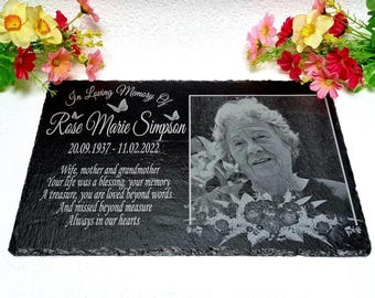Personalised Engraved Memorial Slate Plaque With Photo, Grave Marker, Personalised Weatherproof Garden Sign, Picture Remembrance Grave Stone