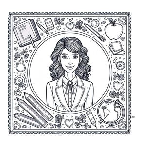 May include: Black and white line art illustration of a woman with long hair wearing a blazer and bow tie. The illustration is surrounded by a frame of school supplies, including pencils, rulers, a globe, and hearts.