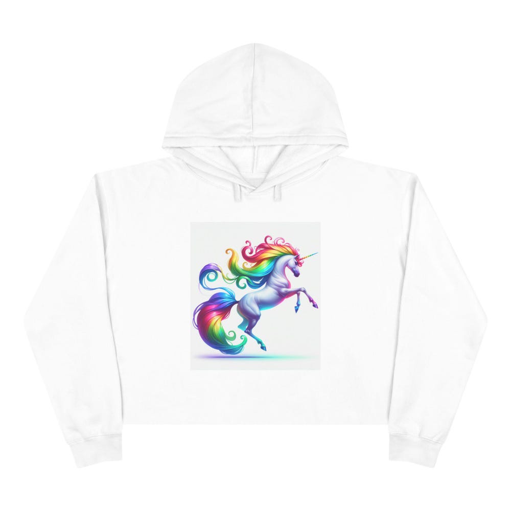 Fun Casual Wear, Cute Unicorn Sweater, Gift For Unicorn Lovers, Magical Fashion, Trendy Women'S Hoodie,Rainbow Unicorn Crop Hoodie Printfushion