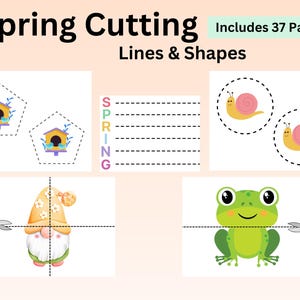 May include: A printable worksheet with four spring-themed images for children to practise cutting skills. The images include a birdhouse, a snail, a frog, and a gnome. The worksheet includes the word "SPRING" in colourful letters.