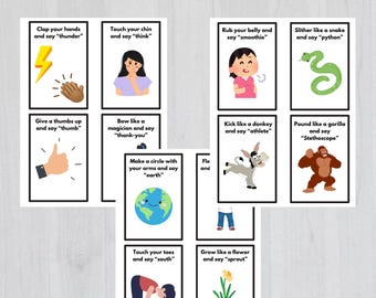 May include: A set of 30 colourful flashcards with illustrations and instructions for practising the "th" sound in English. Each card features a different activity, such as clapping hands, touching your chin, or making a circle with your arms, and includes the word to say.