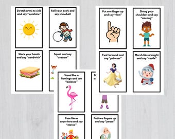 May include: A set of 30 colourful flashcards with illustrations and instructions for practising the "S" sound in initial, medial, and final positions. Each card features a different activity, such as stretching arms to the side and saying "sunshine" or twirling around and saying "princess".