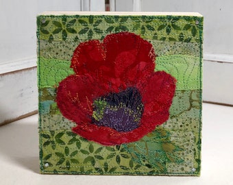 Red Poppy - original textile art collage
