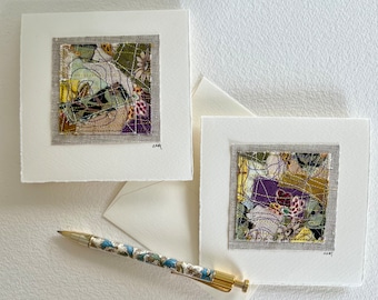 Abstracts Set of 2 (purple and olive) - original textile art cards