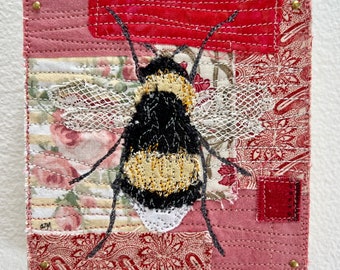 Bumble Bee ( roses and red ) ~ original textile art collage
