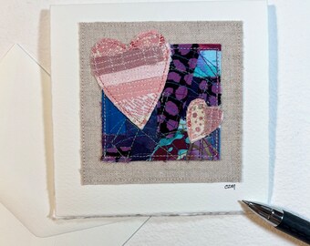 2 Hearts - original textile art card