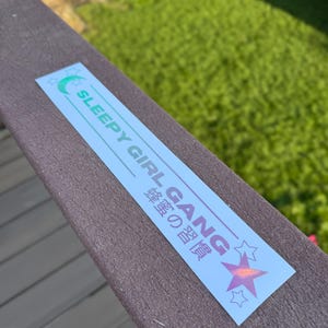 Puede incluir: Una pegatina rectangular con el texto "SLEEPY GIRL GANG" en blanco y morado. La pegatina también presenta una luna creciente y estrellas en verde claro y rosa. También es visible texto japonés.