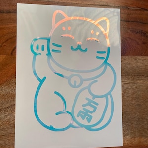 May include: A turquoise blue outline of a cartoon Maneki-Neko, or Japanese lucky cat, with a raised paw and a coin bag. The cat is smiling and has a collar with a bell. The coin bag has the Japanese character for "fortune" written on it.