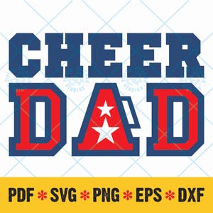 May include: Cheer Dad design with a red and blue color scheme. The word "DAD" is in a bold font with a red and blue outline. The letter "A" is replaced with a red triangle with two white stars.