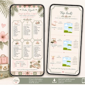 Può includere: Due smartphone che mostrano un modello di lista di imballaggio e look di viaggio, intitolato "Palm Royale". Il design presenta un tema tropicale con accenti rosa e verdi, tra cui palme e illustrazioni floreali. Il testo include "Packing List & Trip Looks" e "Editable Canva Templates."