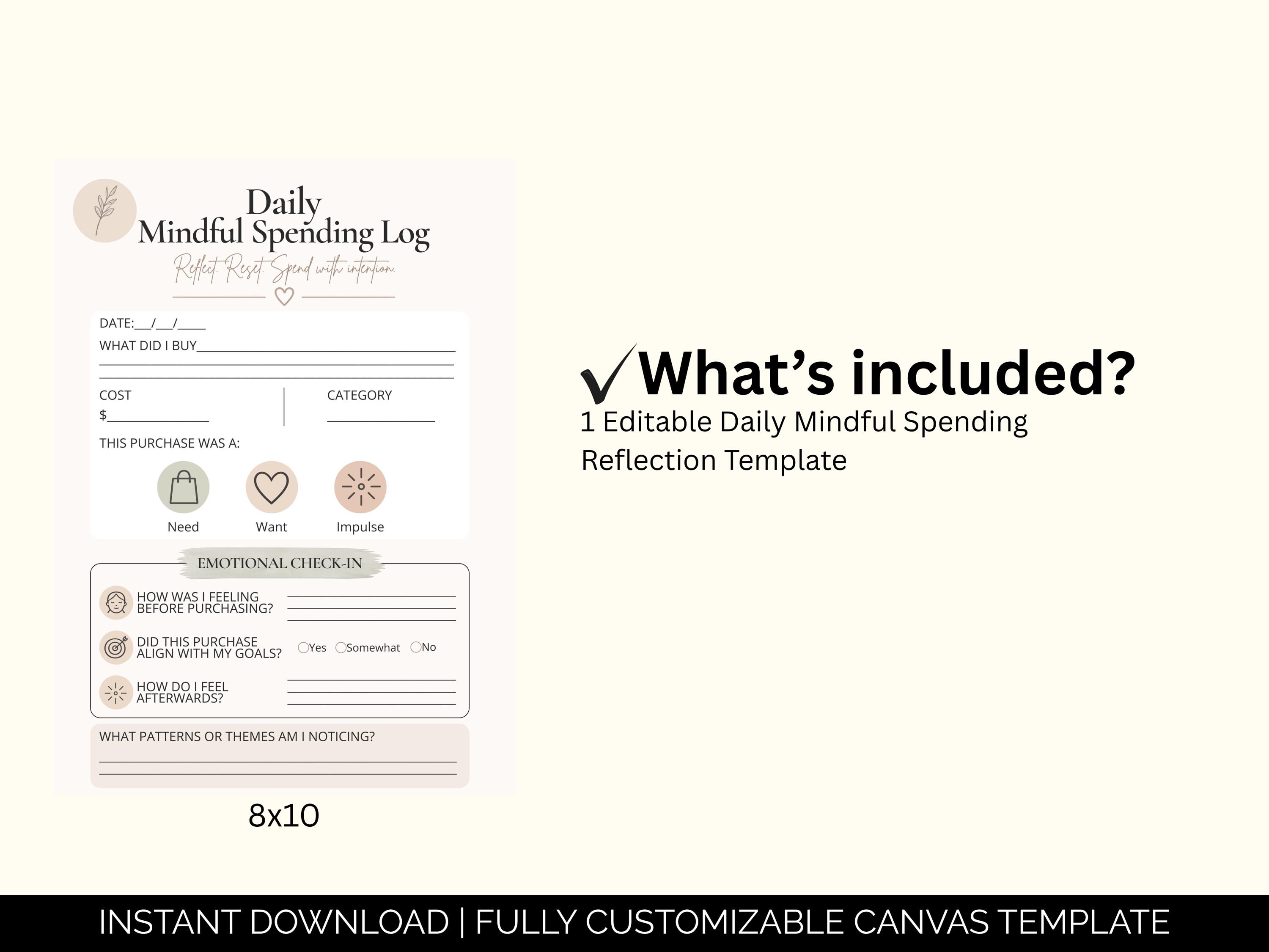 Daily Mindful Spending Log Printable Digital Planner Financial Wellness ...