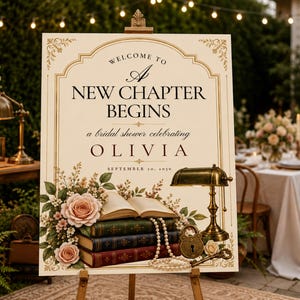 May include: A rectangular welcome sign featuring gold decorative borders and the text: WELCOME TO A NEW CHAPTER BEGINS a bridal shower celebrating OLIVIA SEPTEMBER 20, 2030. The design includes illustrations of stacked books, pearls, a lamp, and roses.