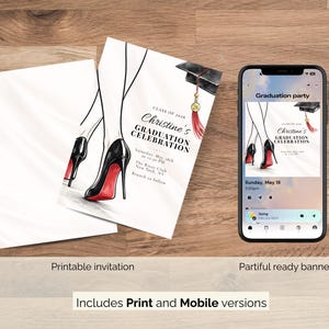 Luxury Graduation Invitation Template Editable Canva Chic Heels Class of 2026 Grad Invite Square Vertical Partiful Bundle Digital Download