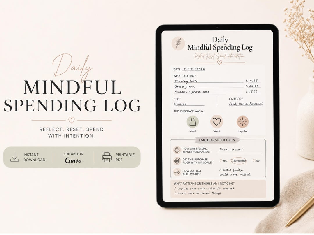 Daily Mindful Spending Log Printable Digital Planner Financial Wellness ...