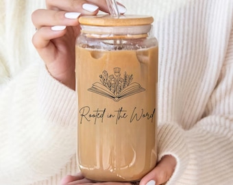 Floral Bible Verse Glass Coffee Cup, Christian Gift For Her (16oz)
