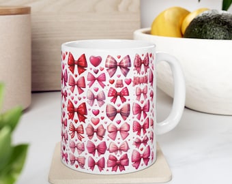 Pink Bows Ceramic Coffee Mug, Coquette Style, 11oz