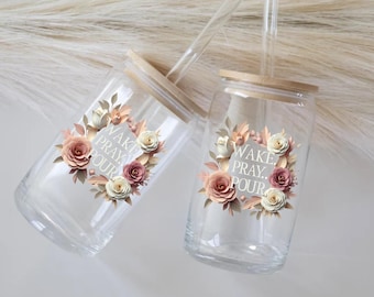 Christian Iced Coffee Glass Tumbler, Bible Verse, with Lid and Straw