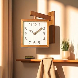 Könnte beinhalten: Eine quadratische Wanduhr aus Holz mit hellem Zifferblatt und dunkelbraunen Ziffern. Die Uhr hat einen Holzrahmen und Zeiger und ist an einer Holzhalterung befestigt. Die Uhr misst ca. 30 cm x 30 cm.