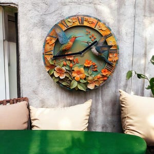 Colorful decorative wall clock with hummingbird design. modern wall clock, creative wall clock, 2d printed wall clock