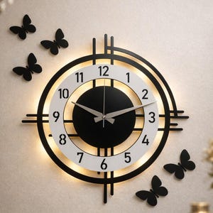 Upplyst träväggklocka, modern rund klocka, tyst urverk, heminredning