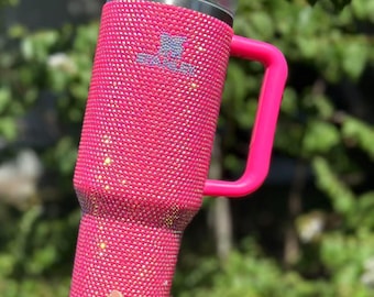 Copo Stanley de 40 oz com tampa flip-top e strass rosa choque